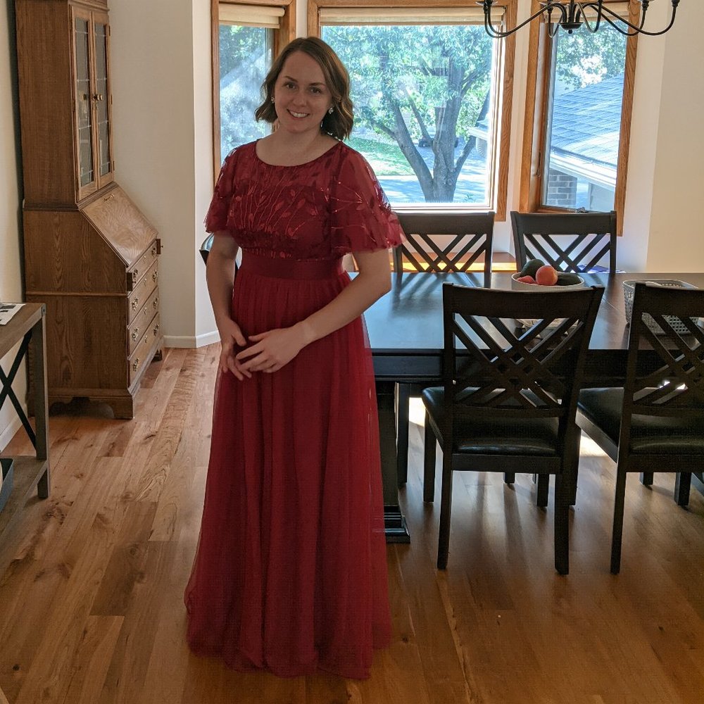 Ever Pretty Burgundy Round Neck Sequin A-Line Tulle Evening Party Dress Size 14